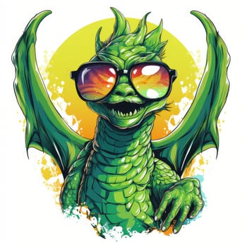 Portrait of a cute young fairy hipster dragon wearing sunglasses. Graphic design element. Template for sticker, poster, t-shirt print, etc.