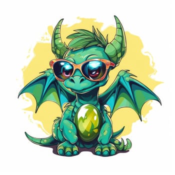 Portrait of a cute young fairy hipster dragon wearing sunglasses. Graphic design element. Template for sticker, poster, t-shirt print, etc.