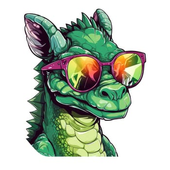 Portrait of a cute young fairy hipster dragon wearing sunglasses. Graphic design element. Template for sticker, poster, t-shirt print, etc.