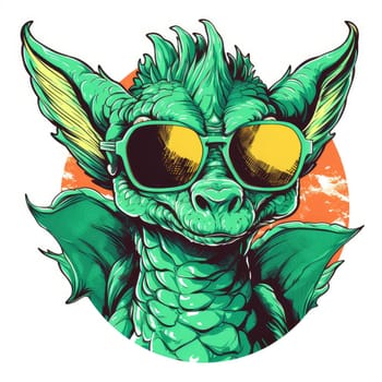 Portrait of a cute young fairy hipster dragon wearing sunglasses. Graphic design element. Template for sticker, poster, t-shirt print, etc.