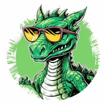 Portrait of a cute young fairy hipster dragon wearing sunglasses. Graphic design element. Template for sticker, poster, t-shirt print, etc.