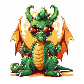 Portrait of a cute young fairy hipster dragon wearing sunglasses. Graphic design element. Template for sticker, poster, t-shirt print, etc.