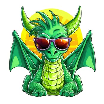 Portrait of a cute young fairy hipster dragon wearing sunglasses. Graphic design element. Template for sticker, poster, t-shirt print, etc.
