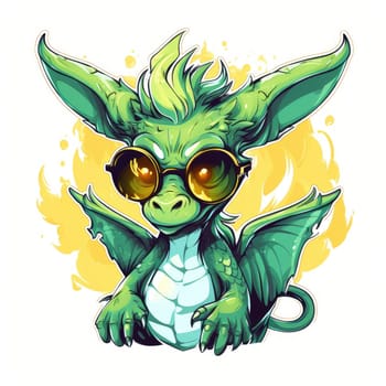 Portrait of a cute young fairy hipster dragon wearing sunglasses. Graphic design element. Template for sticker, poster, t-shirt print, etc.