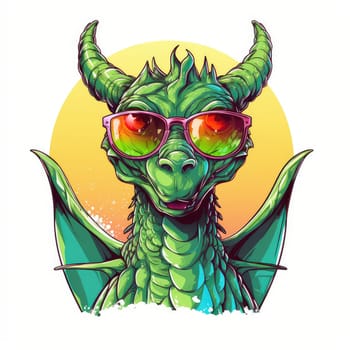 Portrait of a cute young fairy hipster dragon wearing sunglasses. Graphic design element. Template for sticker, poster, t-shirt print, etc.
