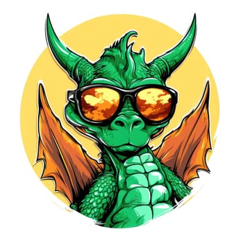 Portrait of a cute young fairy hipster dragon wearing sunglasses. Graphic design element. Template for sticker, poster, t-shirt print, etc.