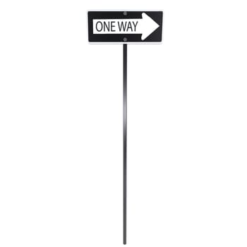 A realistic three-dimensional representation of a one-way street sign pointing right.