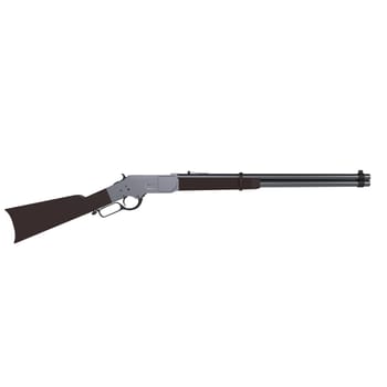 A realistic 3D model showcases a vintage lever-action rifle featuring intricate details.