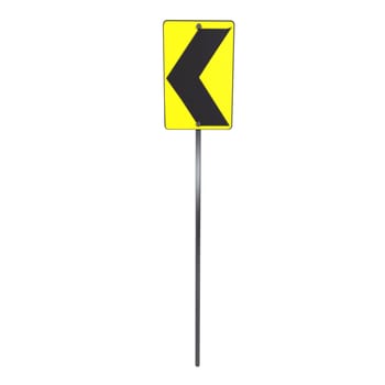 A bright yellow warning sign indicates a sharp turn to the left on a roadway.