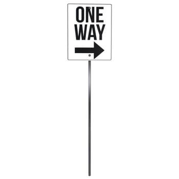 A one-way traffic sign indicates direction on a road in a clear display.