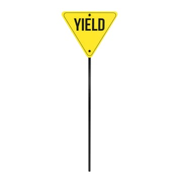 A yellow triangular yield sign stands on a black pole against a bright background.
