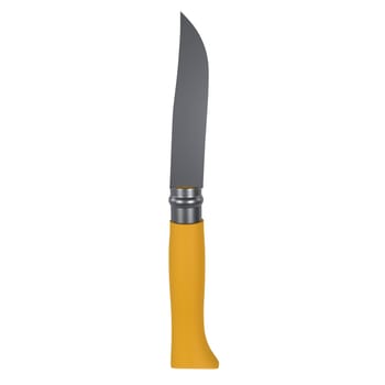 A detailed 3D model of a kitchen knife featuring a yellow handle and stainless steel blade.