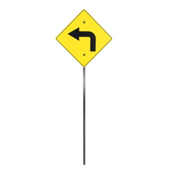 A bright yellow road sign displaying a left turn symbol on a metal pole.