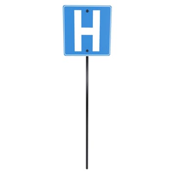 A blue sign with a white letter H indicates a hospital located outdoors.