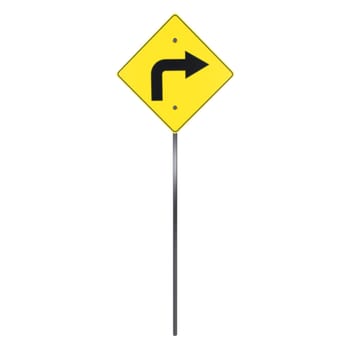 A bright yellow sign indicating a right turn along a road setting.