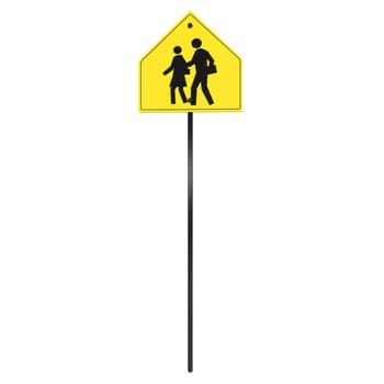 A bright yellow sign shows children walking, alerting drivers in a school zone.