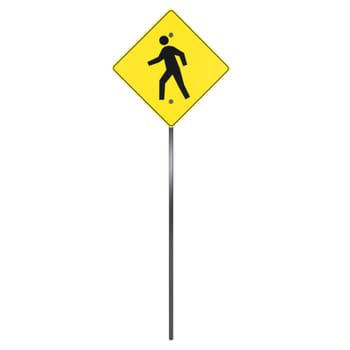 A 3D rendering of a yellow pedestrian sign depicting a person walking towards the road.