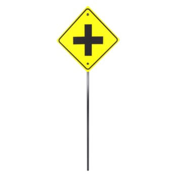A bright yellow sign with a black cross is mounted on a tall silver pole.