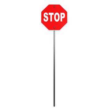 A red octagonal sign displaying the word STOP stands alone by a road in a quiet area.