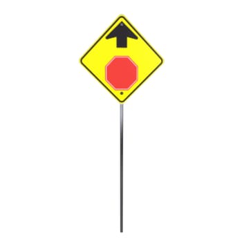 A bright yellow diamond sign has a red stop symbol beneath an upward arrow.