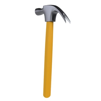 A realistic 3D rendering showcases a hammer with a yellow handle, emphasizing its design.