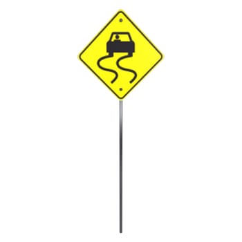 A bright yellow caution sign warns drivers of a slippery road ahead with a vehicle depicted.
