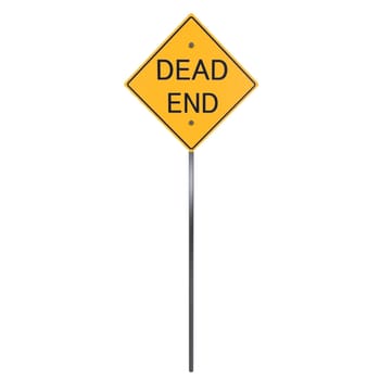A bright yellow dead end sign stands alone against a plain backdrop.