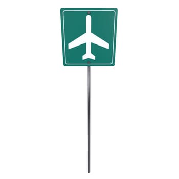 A green airport runway sign with a white airplane symbol stands tall against the blue sky.