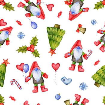 Seamless repetitive pattern with cute Christmas gnomes and fur trees and decorations depicted on white background