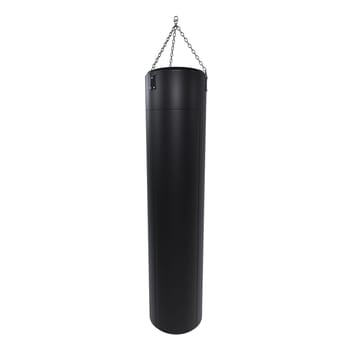 A black punching bag is suspended from the ceiling in a spacious training area.