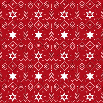 Seamless pattern with repeated stars and geometric elements on red background for Christmas theme designs