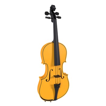 A vivid yellow violin stands upright, showcasing its elegant curves and design details.