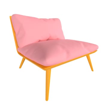 A vibrant modern chair combines pink cushions and yellow legs, enhancing interior decor.