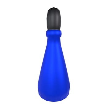 A stylized blue bottle with a black cap stands prominently against a plain background.