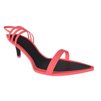 A chic coral high heel shoe showcases a unique strappy design and sharp silhouette.