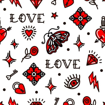 Old school tattoo seamless pattern with love symbols. Design For Valentines Day, Stilts, Wrapping Paper, Packaging, Textiles