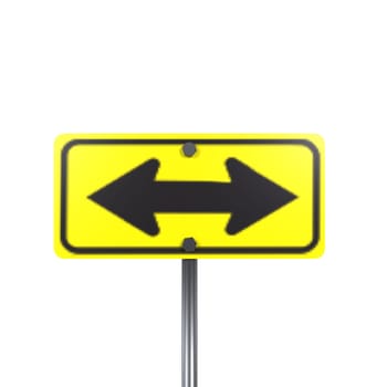A clear, vivid directional sign shows left and right options for drivers.