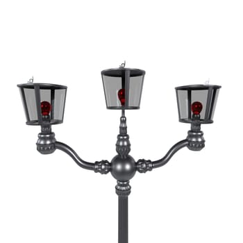This lamp features three ornate lanterns with vibrant red detailing, highlighting the night.