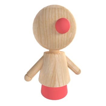 A stylized wooden figure features a round head, arms, and a vibrant red base.