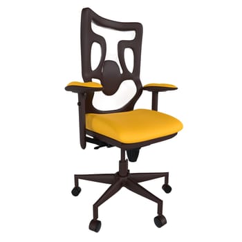 A contemporary office chair features a yellow seat and backrest, suitable for ergonomic support.