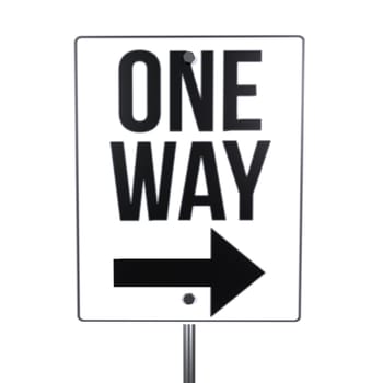 A clear one way sign indicating traffic must turn right, located in a city environment.
