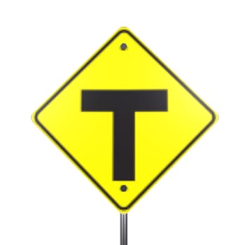 A 3D rendering of a yellow warning sign indicating a T intersection, promoting road safety.