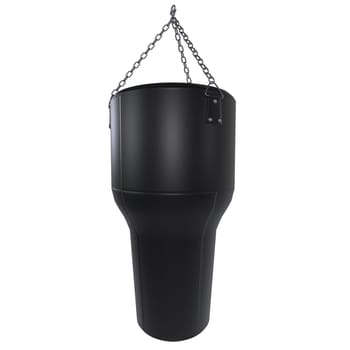 A black punching bag hangs from a sturdy chain, designed for training and exercise.