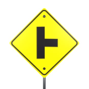 A 3D rendering of a yellow traffic sign indicating a left turn.
