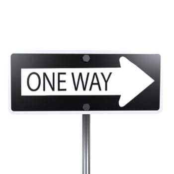 A clear one way sign points right, guiding vehicles in an urban setting.