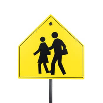 A yellow triangular sign shows two pedestrians walking, indicating a school zone crossing.