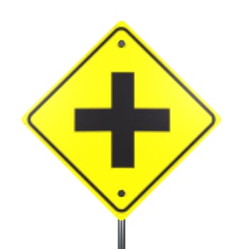 A bright yellow traffic sign displays a bold black cross shape, indicating caution.