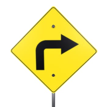 A vivid yellow right turn warning sign stands out against a plain background.