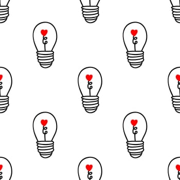 Seamless background with light bulbs with a heart on a white background. Design for Valentines Day, Wedding, Invitations