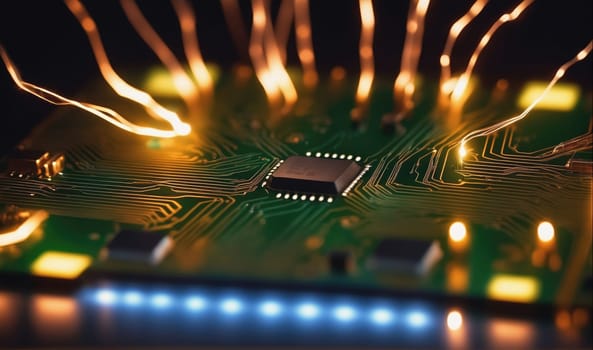 A close-up view of a computer circuit board, which features a central processor surrounded by complex circuitry. Glowing orange lines of energy flow across the board, radiating outward from the processor. A row of blue LEDs illuminate the bottom of the board, creating a contrasting glow to the orange energy.